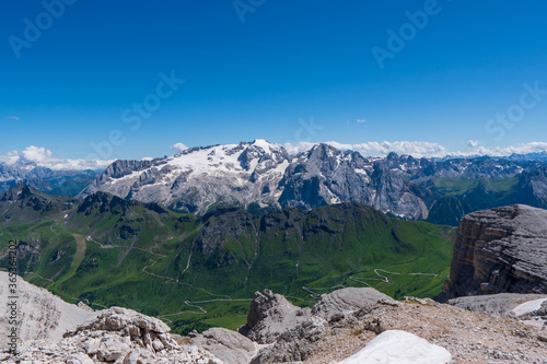 Marmolada massif, Dolomiti, Itay. Beautiful view over the Marmolada glacier and Pordoi Pass from gruppo Sella and Piz Boe peak © Martin