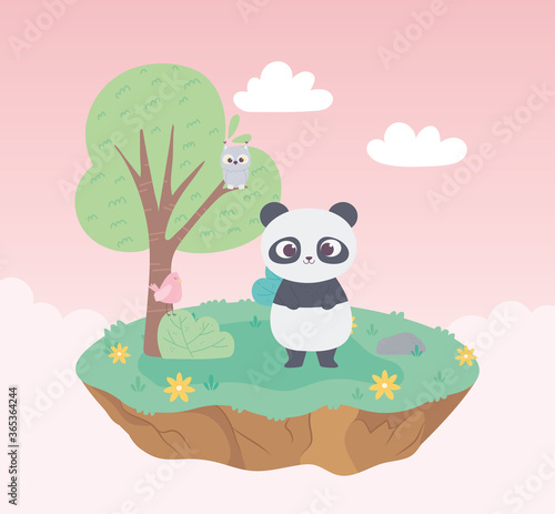 cute panda bird and owl in branch animals cartoon meadow tree and flowers nature
