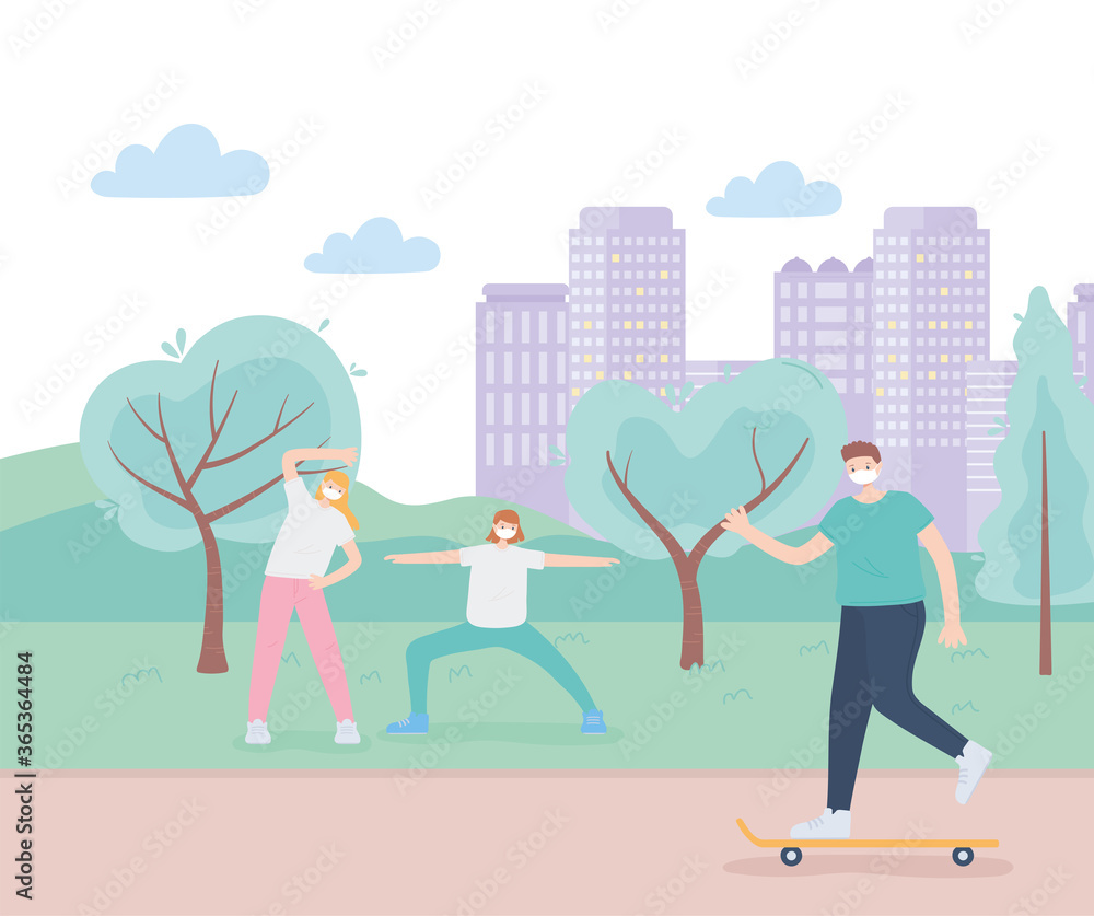 people with medical face mask, women making yoga and boy riding skate park road, city activity during coronavirus people with medical face mask, women making yoga and boy riding skate park road, city activity during coronavirus