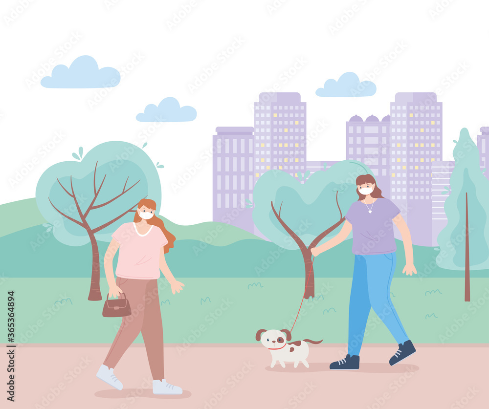 people with medical face mask, women walking with pets dog, city activity during coronavirus people with medical face mask, women walking with pets dog, city activity during coronavirus