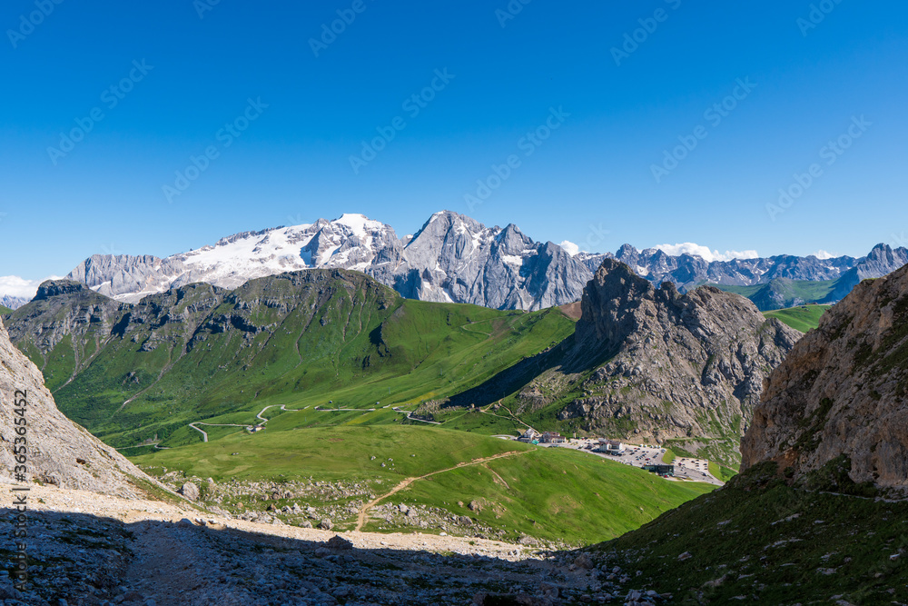 Marmolada massif, Dolomiti, Itay. Beautiful view over the Marmolada glacier and Pordoi Pass from gruppo Sella and Piz Boe peak