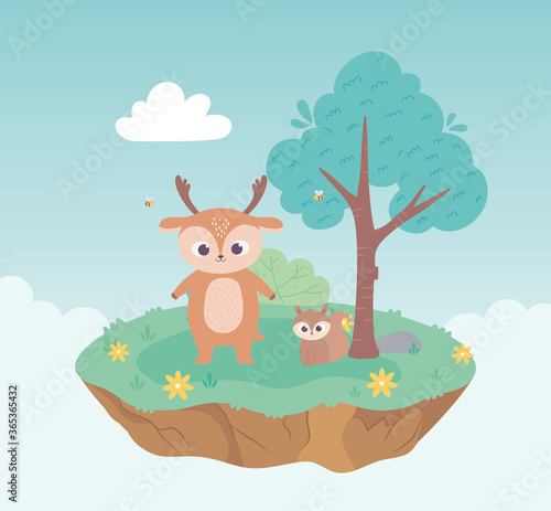 cute deer and squirrel animals cartoon standing meadow tree and flowers nature