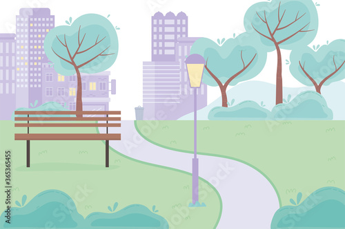 city street urban park road bench lamp trees grass design