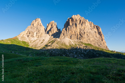 mountain landscape during sunrise of the picturesque Dolomiti at Passo Sella area in South Tyrol in Italy.