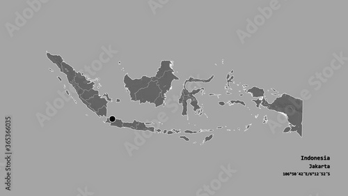 Bali, province of Indonesia, with its capital, localized, outlined and zoomed with informative overlays on a bilevel map in the Stereographic projection. Animation 3D photo