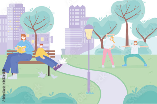 people with medical face mask, woman and boy on bench and girls practicing yoga park street, city activity during coronavirus