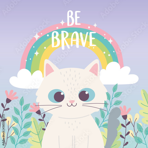 cute little cat animal rainbow flowers branch inspirational phrase cartoon