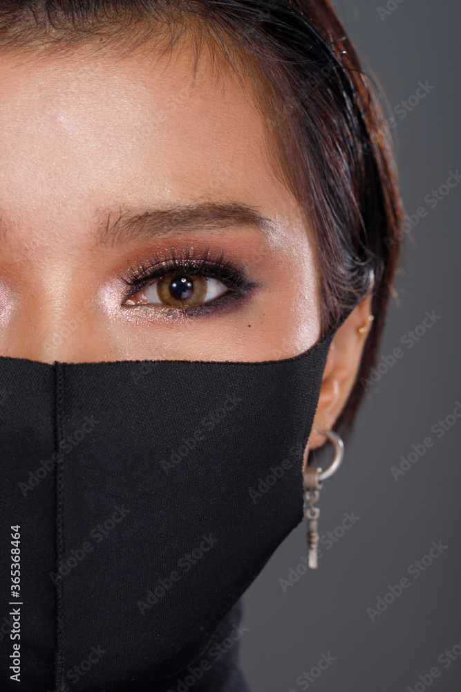 Asian Woman portrait rear side back view turn 360 protective face mask Asian Woman portrait rear side back view turn 360 protective face mask