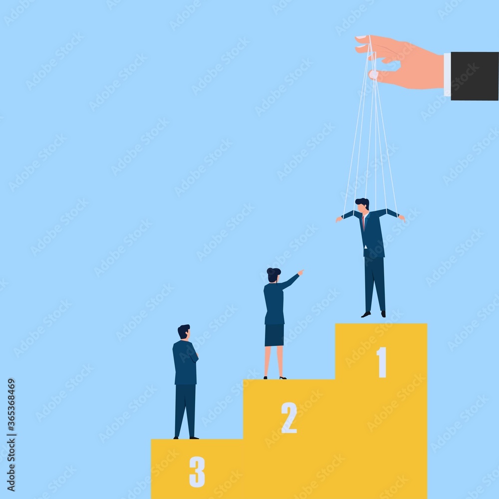 Man fall from above and land on first place metaphor of bribery. Business flat vector concept illustration.