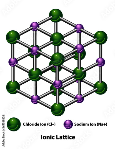 Ionic Lattice of the solid structure of chloride and sodium ions.