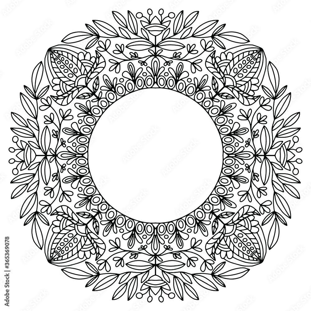 Obraz premium leaves and flowers in folk style drawn on a white background for coloring, vector