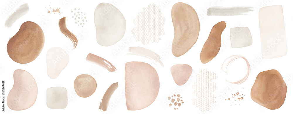 Abstract Arrangements. Elements, textures. Posters. Terracotta, blush, pink, ivory, beige watercolor Illustration and gold elements, on white background. Modern print set. Wall art. Business card.