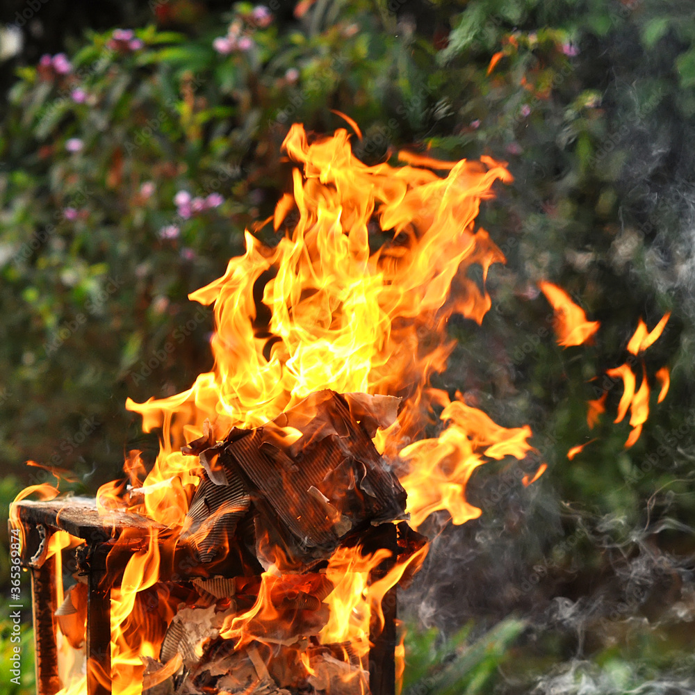 Fire burning wood & box