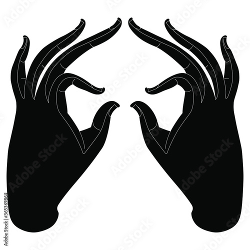 Two stylized human hands. Elegant gesture. Oriental style. Black and white silhouette.	