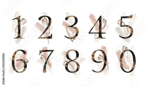Abstract Textured Gold & Dark Numbers set - 1, 2, 3, 4, 5, 6, 7, 8, 9, 0. Blush, beige collection for wedding invites decoration, posters, wallpapers, cards, birthdays & other concept ideas.