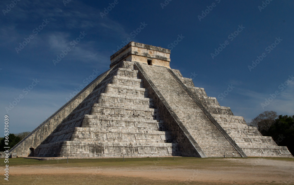 Tourism. Seven world wonders. Ancient maya civilization and architecture. Temple Kukulkan of Chichen Itza, mayan stone pyramid ruins in Yucatan, Mexico.