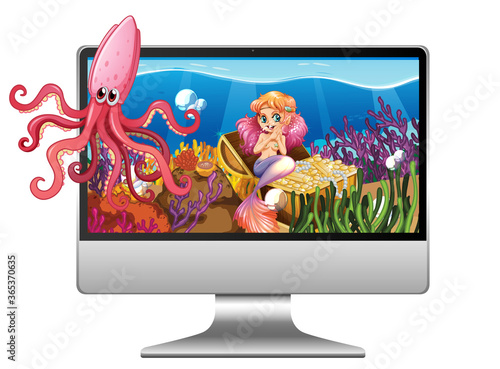 Mermaid underwater scene on computer screen