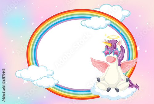 Blank banner with cute unicorn in the pastel sky background