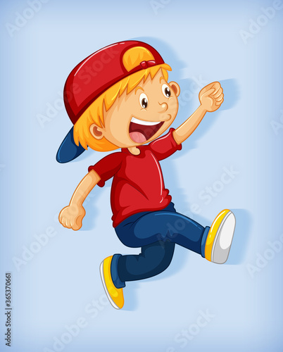 Cute boy wearing red cap with stranglehold in walking position cartoon character isolated on blue background