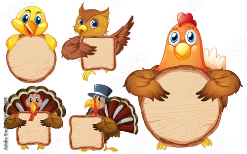 Blank sign template with many birds on white background