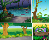 Four different nature scene of forest and swamp cartoon style