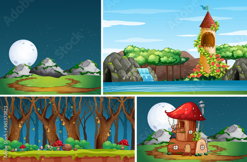 Four different scene of nature fantasy world with mushroom house