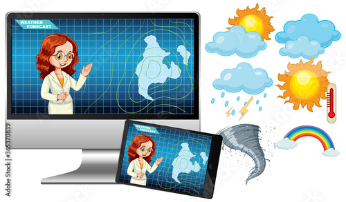 Set of differen electronic gadgets with anchorman reporting weather forecast on its screen with weather icon isolated