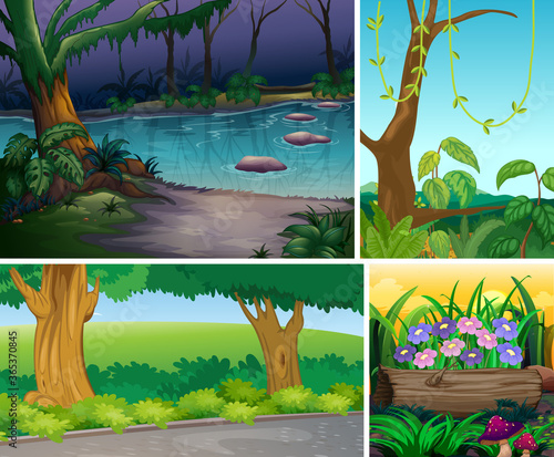 Four different nature scene of forest and swamp cartoon style © GraphicsRF