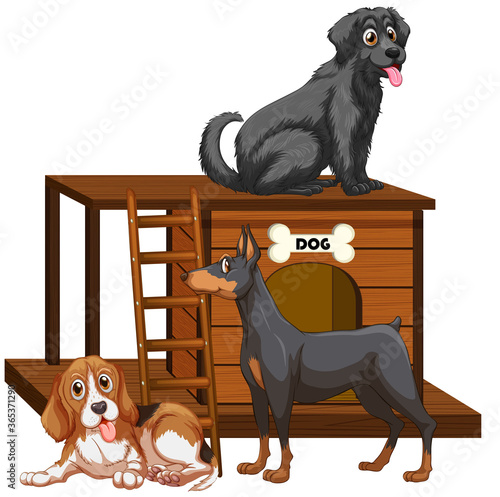 Dog house with cute dogs isolated
