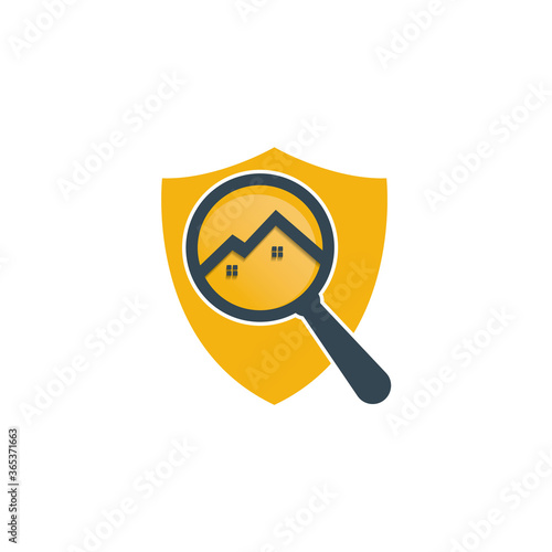 Finding Home Logo Design yellow shield vector. Magnifying Glass House Logo Design For Real Estate Property.