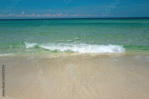 Paradise beach. Wave of the sea on the sand beach. Beautiful sea landscape with turquoise water with copy space for your advertising text message or promotional content.