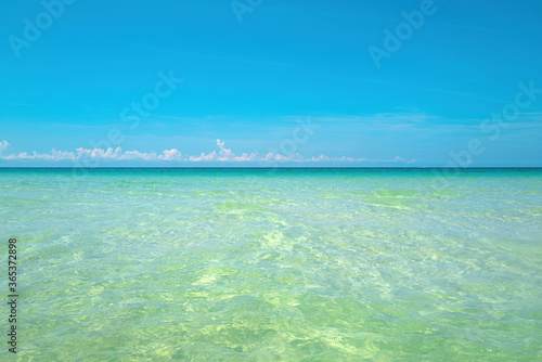 Fototapeta Naklejka Na Ścianę i Meble -  Travel summer holiday background concept. Beautiful tropical seascape. Blue ocean wide panorama background with sea.