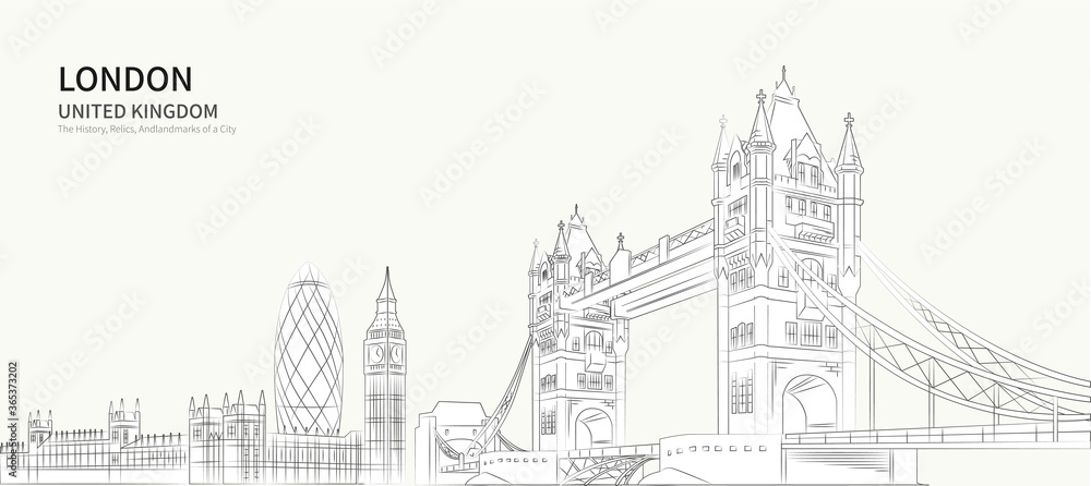 london cityscape line vector. sketch style british landmark illustration 