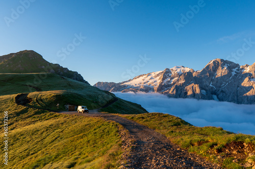Italain Alps at sunrise, Passo Pordoi, Val Gardena, South Tyrol, Dolomites Italy