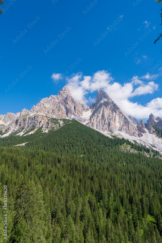Prato Piazza, Italian Dolomites, South Tyrol. Views of the mountain pass in spring.