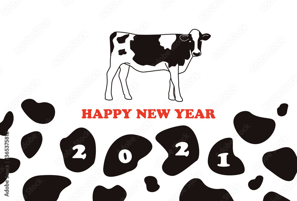 丑年 21年 牛とホルスタイン柄の年賀状イラスト Stock Vector Adobe Stock
