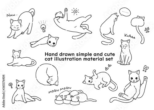 Hand drawn set of simple and cute cat illustration materials