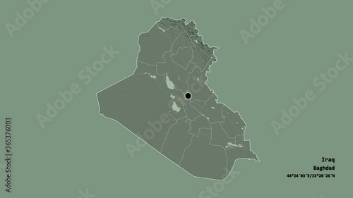 As-Sulaymaniyah, province of Iraq, with its capital, localized, outlined and zoomed with informative overlays on a administrative map in the Stereographic projection. Animation 3D photo