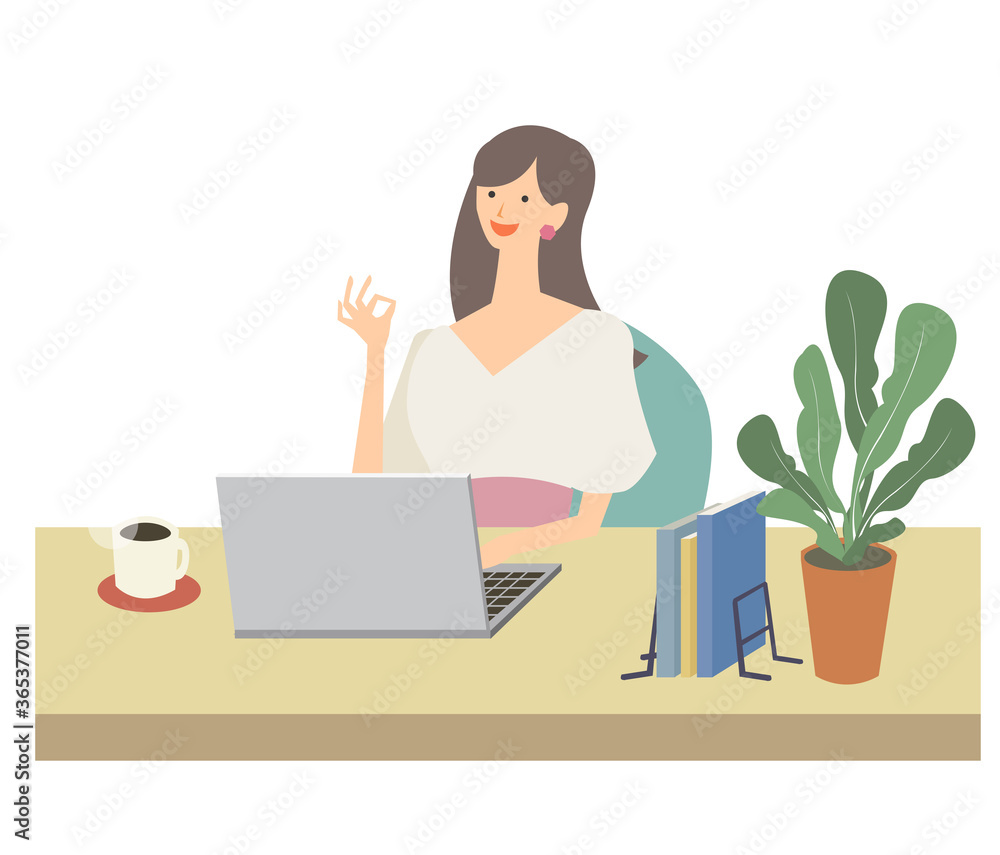 女性 デスクワーク テレワーク リモートワーク ビジネス 自宅 ノートパソコン ベクター イラスト 女性 デスクワーク テレワーク リモートワーク ビジネス 自宅 ノートパソコン ベクター イラスト