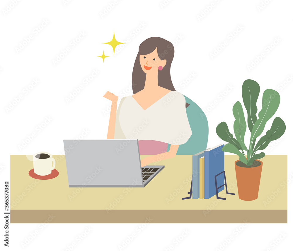 女性 デスクワーク テレワーク リモートワーク ビジネス 自宅 ノートパソコン ベクター イラスト 女性 デスクワーク テレワーク リモートワーク ビジネス 自宅 ノートパソコン ベクター イラスト