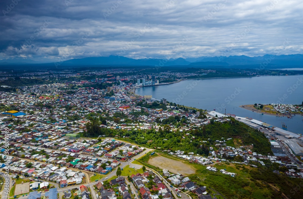 aerial view of the city of Puerto Montt and its bay on a cloudy day