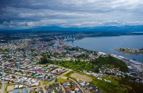 aerial view of the city of Puerto Montt and its bay on a cloudy day
