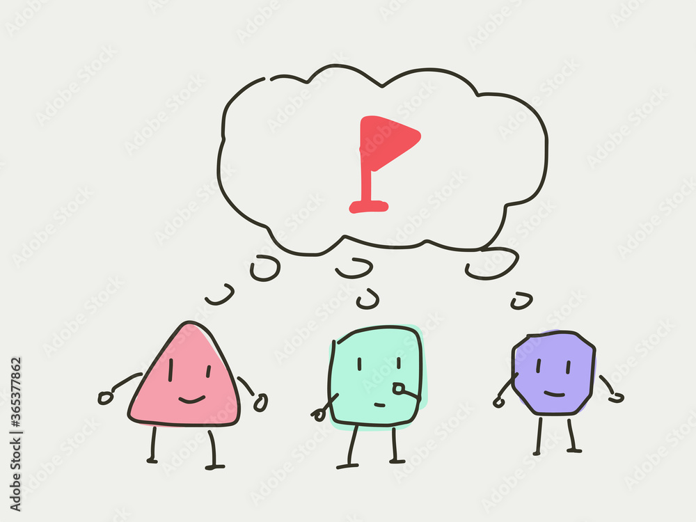 Group of cartoon character thinking about the same thing, goal setting. Brainstorming and discussing concept in flat style doodle. 3 cartoon character discuss about the same topic. Company office Group of cartoon character thinking about the same thing, goal setting. Brainstorming and discussing concept in flat style doodle. 3 cartoon character discuss about the same topic. Company office