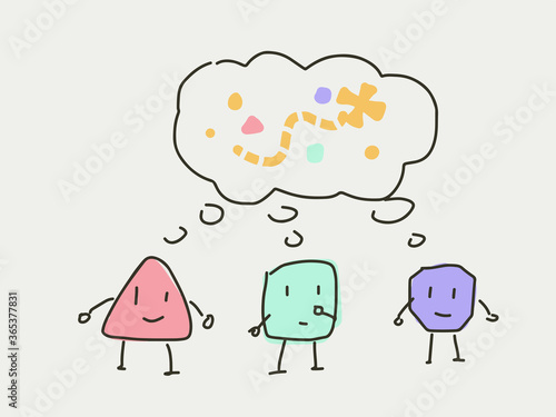 Group of cartoon character thinking about the same thing, road map and goal. Brainstorming and discussing concept in flat style doodle. 3 cartoon character discuss about the same topic. Company office