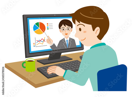 自宅のパソコンでオンライン講習を受ける男性のイラスト/白背景
