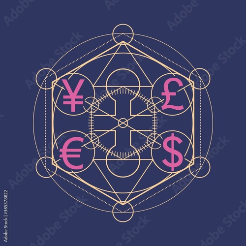 Mystical geometry symbol. Linear alchemy, occult, philosophical sign with currency simbols