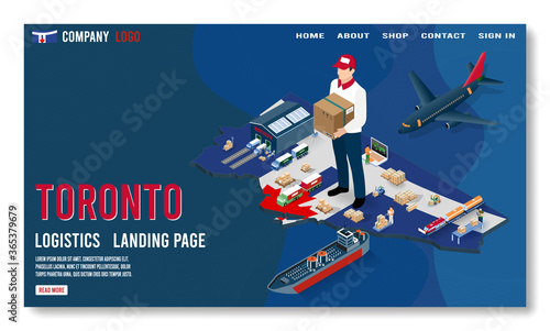 Modern isometric concept of Toronto Logistics Landing page with Global Logistics, Warehouse, Sea Freight. 
Easy to edit and customize. Vector illustration