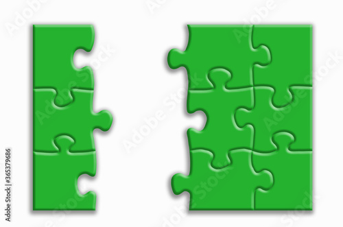 Green puzzle with shadows on a white background.