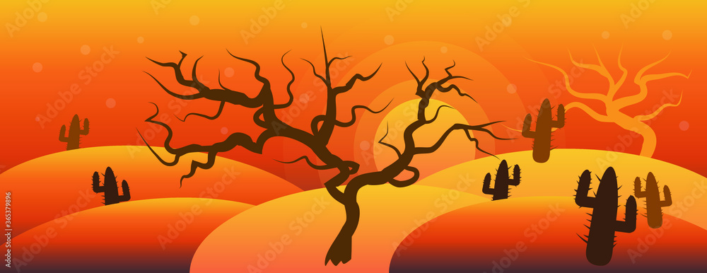 Desert illustration background with dead trees and cactus on it, sunset time. Desert Landscape banner.
