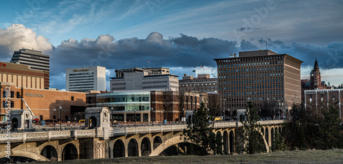 spokane, washington, usa, 04/06/2019, skyline behind Monroe Bridge